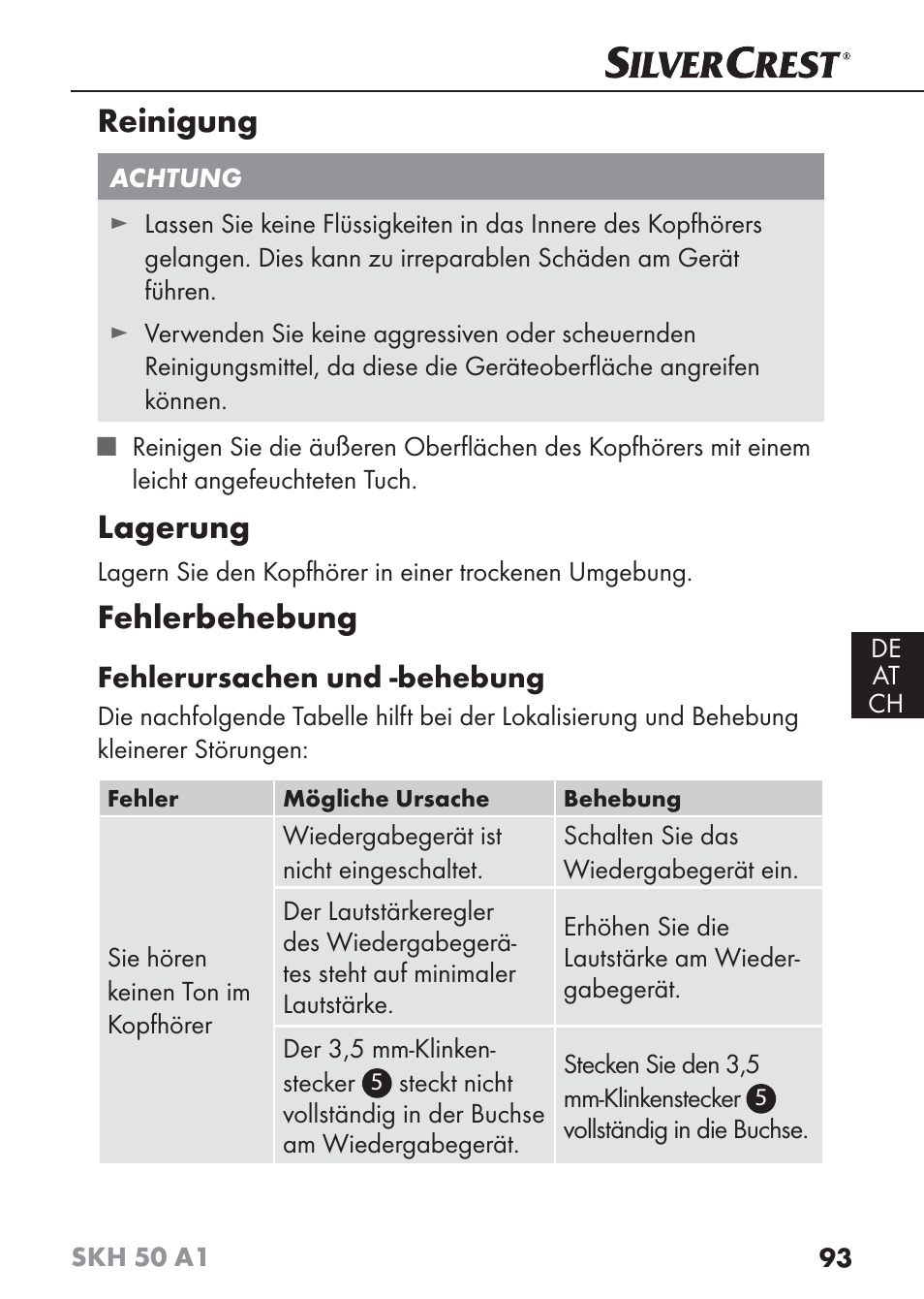 Reinigung, Lagerung, Fehlerbehebung | Silvercrest SKH 50 A1 User Manual | Page 96 / 101