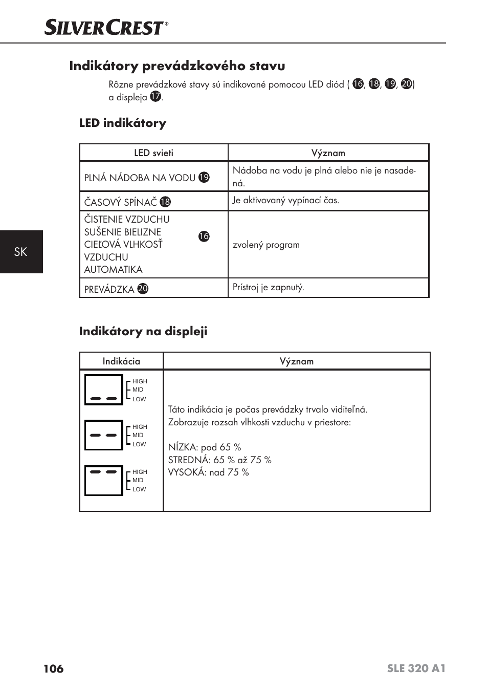 Indikátory prevádzkového stavu, Led indikátory, Indikátory na displeji | Silvercrest SLE 320 A1 User Manual | Page 109 / 146