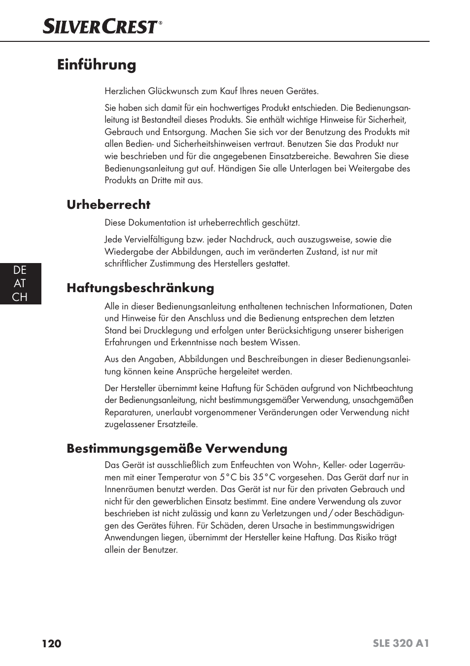 Einführung, Urheberrecht, Haftungsbeschränkung | Bestimmungsgemäße verwendung | Silvercrest SLE 320 A1 User Manual | Page 123 / 146