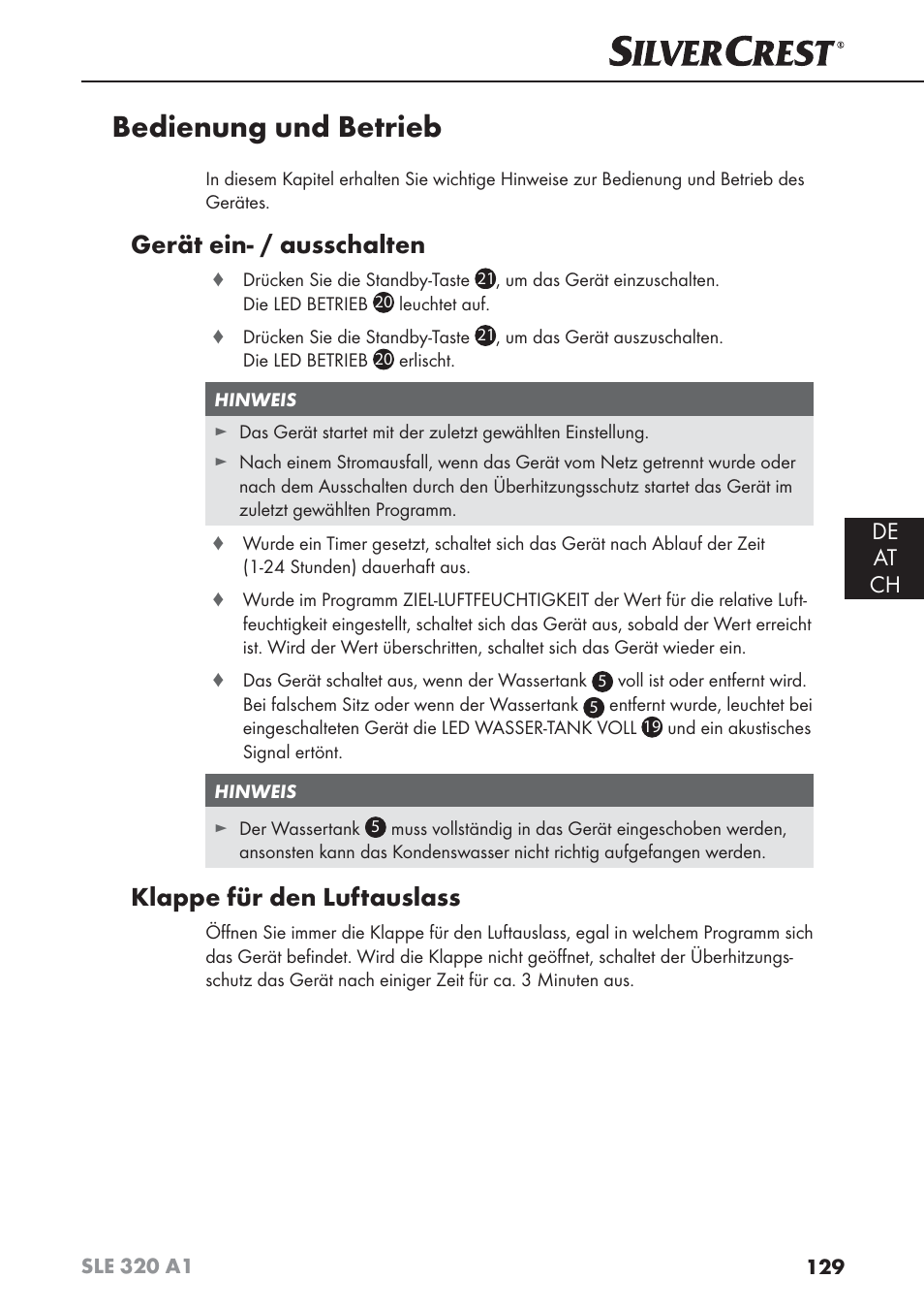 Bedienung und betrieb, Gerät ein- / ausschalten, Klappe für den luftauslass | De at ch | Silvercrest SLE 320 A1 User Manual | Page 132 / 146