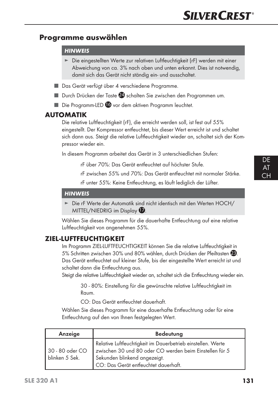 Programme auswählen, De at ch, Automatik | Ziel-luftfeuchtigkeit | Silvercrest SLE 320 A1 User Manual | Page 134 / 146