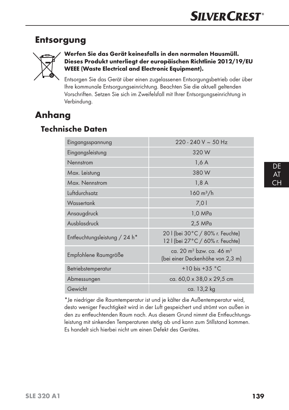 Entsorgung, Anhang, Technische daten | De at ch | Silvercrest SLE 320 A1 User Manual | Page 142 / 146