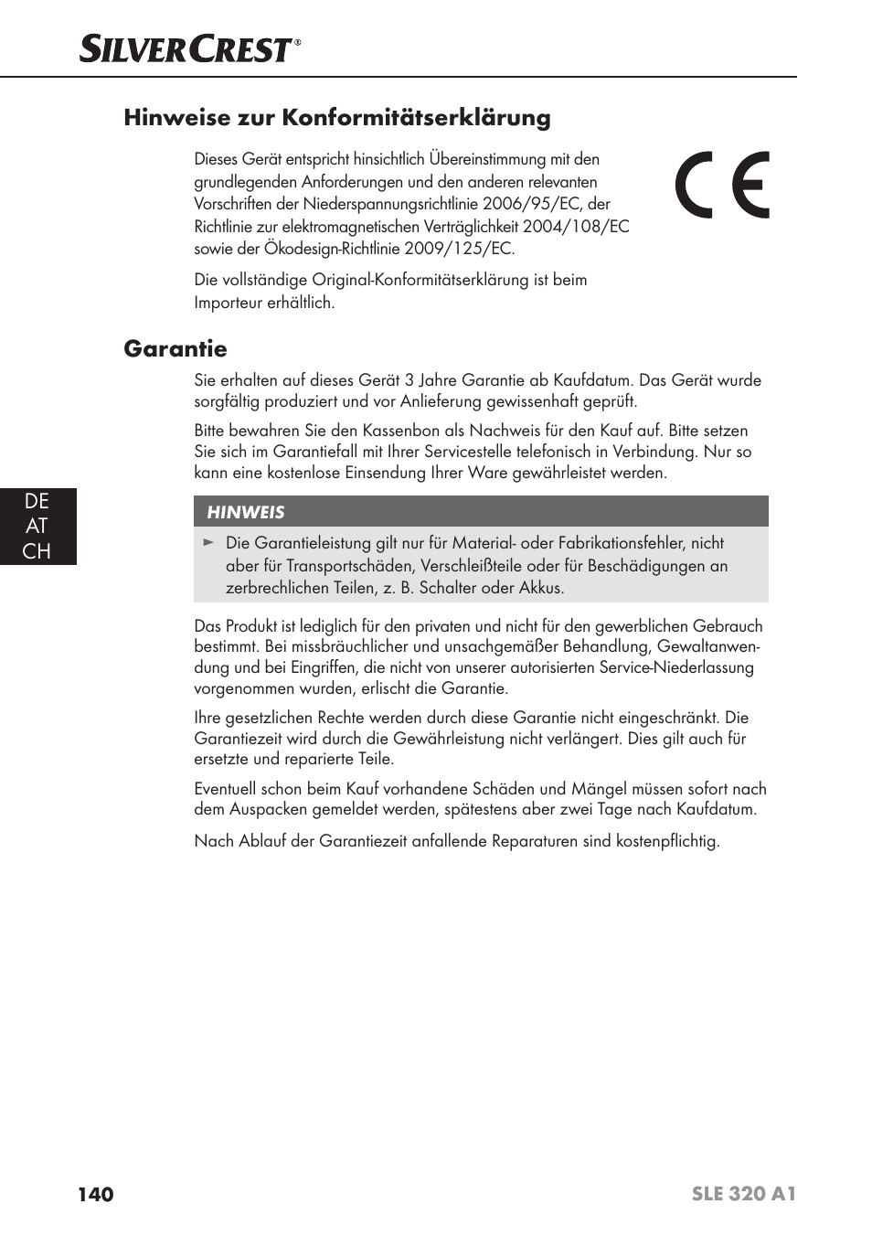 Hinweise zur konformitätserklärung, Garantie | Silvercrest SLE 320 A1 User Manual | Page 143 / 146