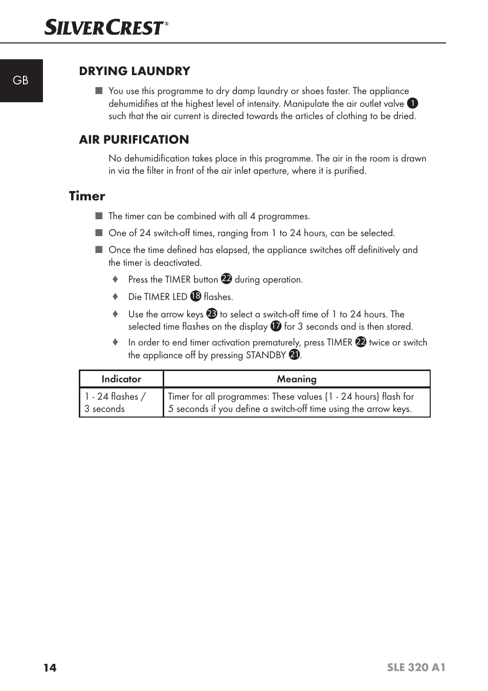 Timer, Gb drying laundry, Air purification | Silvercrest SLE 320 A1 User Manual | Page 17 / 146