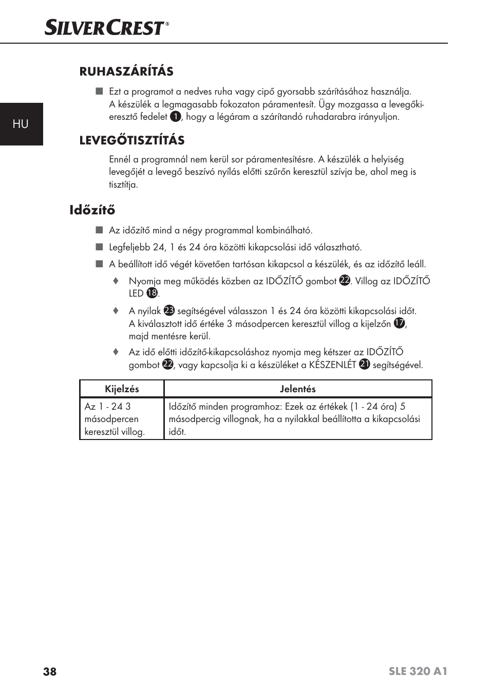 Időzítő, Hu ruhaszárítás, Levegőtisztítás | Silvercrest SLE 320 A1 User Manual | Page 41 / 146