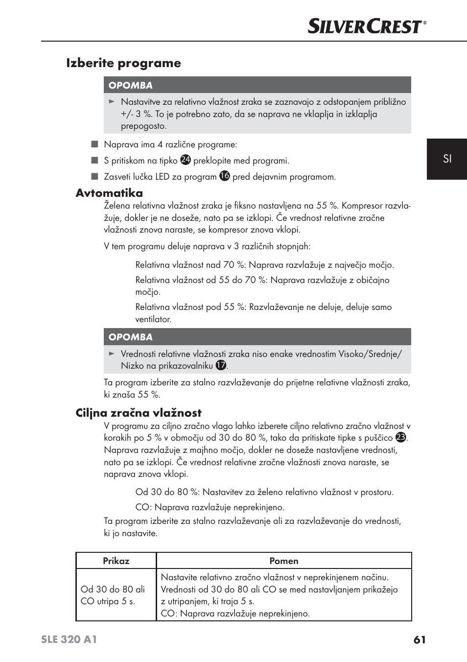 Izberite programe, Avtomatika, Ciljna zračna vlažnost | Silvercrest SLE 320 A1 User Manual | Page 64 / 146