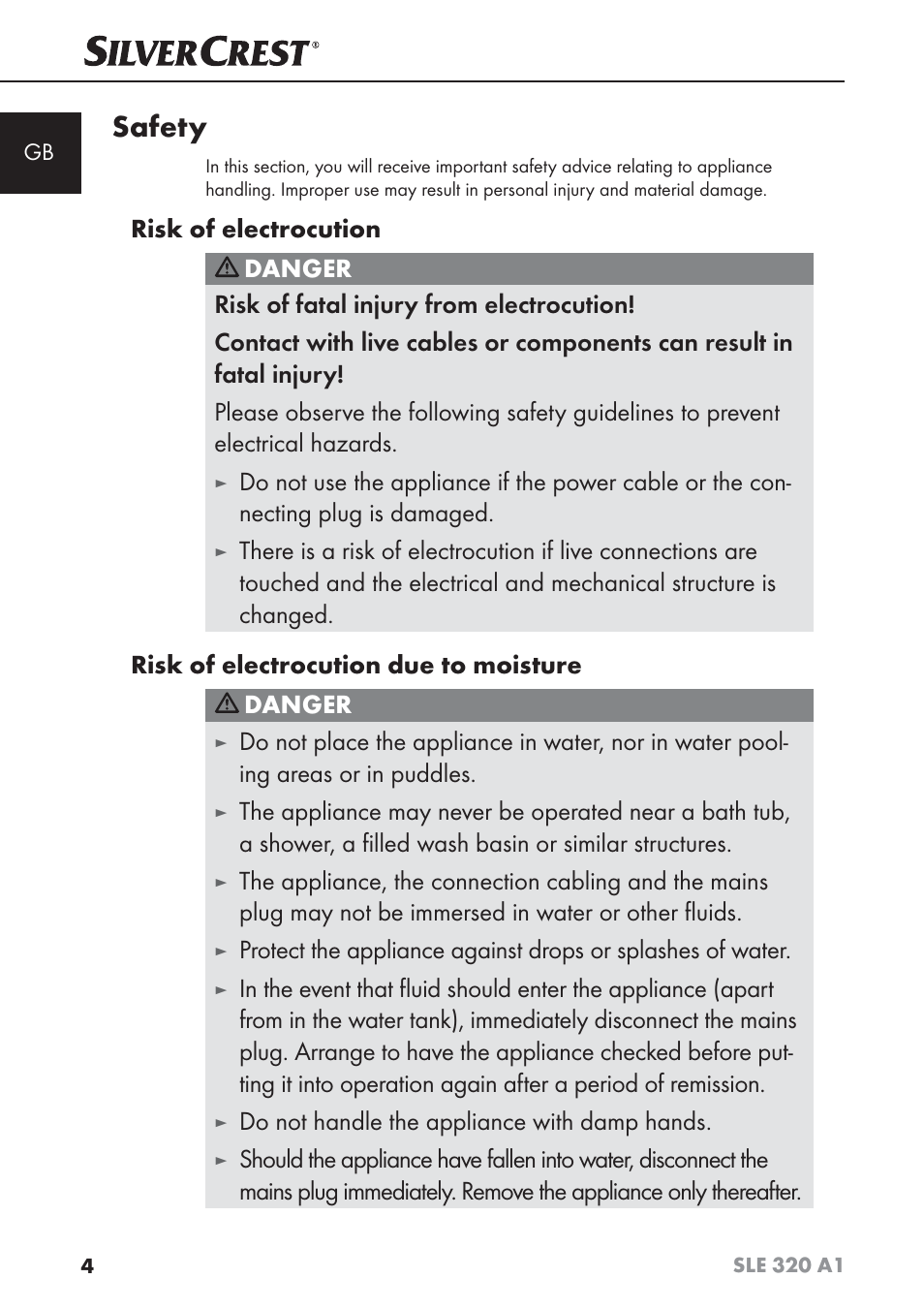 Safety, Risk of electrocution, Danger | Do not handle the appliance with damp hands | Silvercrest SLE 320 A1 User Manual | Page 7 / 146