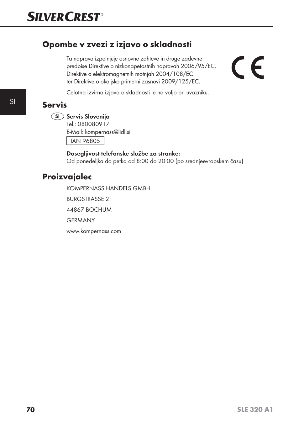 Opombe v zvezi z izjavo o skladnosti, Servis, Proizvajalec | Silvercrest SLE 320 A1 User Manual | Page 73 / 146