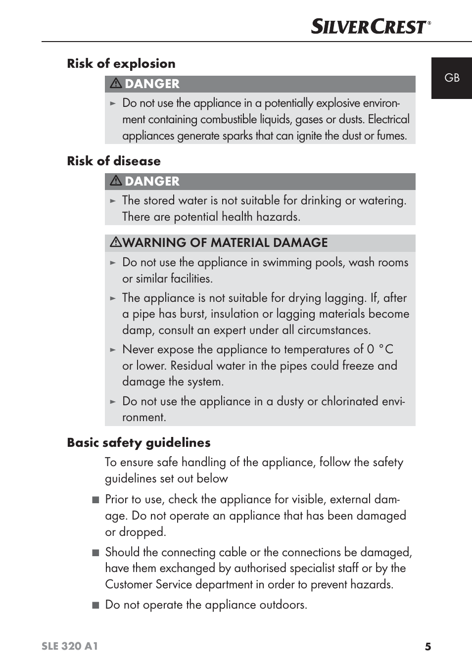 Risk of explosion, Danger, Do not operate the appliance outdoors | Silvercrest SLE 320 A1 User Manual | Page 8 / 146