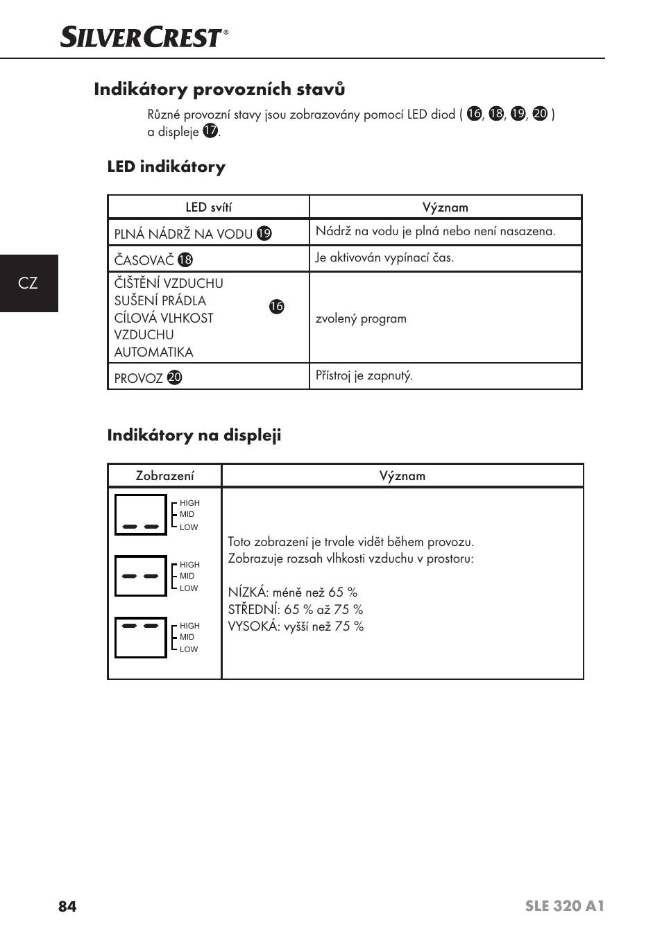 Indikátory provozních stavů, Led indikátory, Indikátory na displeji | Silvercrest SLE 320 A1 User Manual | Page 87 / 146