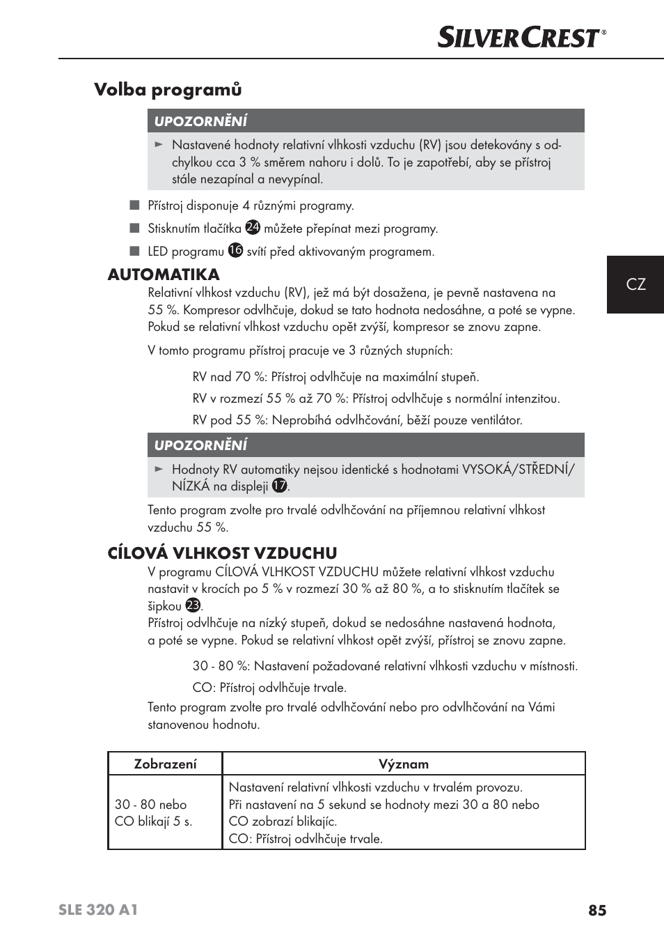 Volba programů, Automatika, Cílová vlhkost vzduchu | Silvercrest SLE 320 A1 User Manual | Page 88 / 146