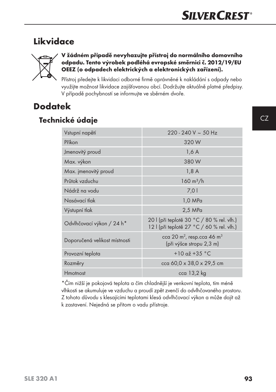 Likvidace, Dodatek, Technické údaje | Silvercrest SLE 320 A1 User Manual | Page 96 / 146