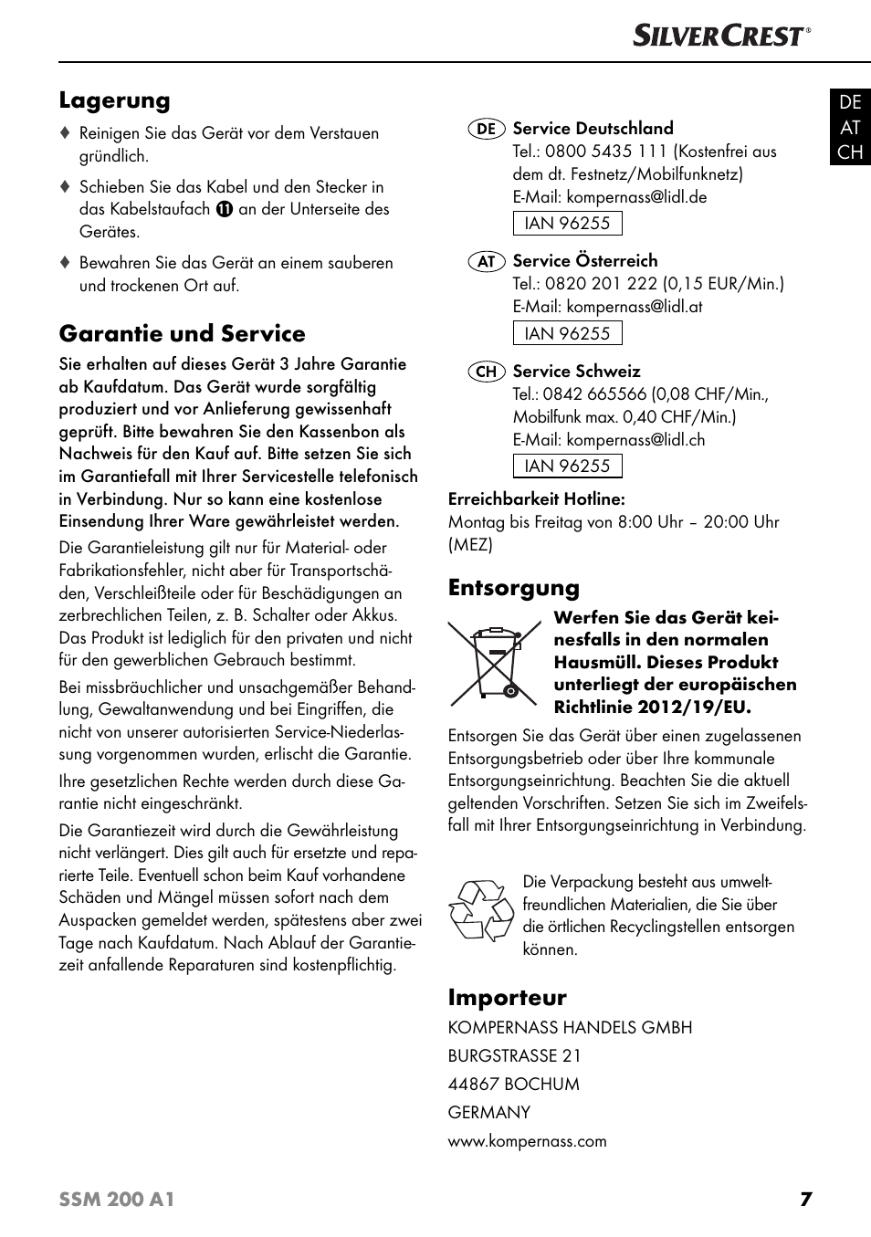 Lagerung, Garantie und service, Entsorgung | Importeur | Silvercrest SSM 200 A1 User Manual | Page 10 / 44