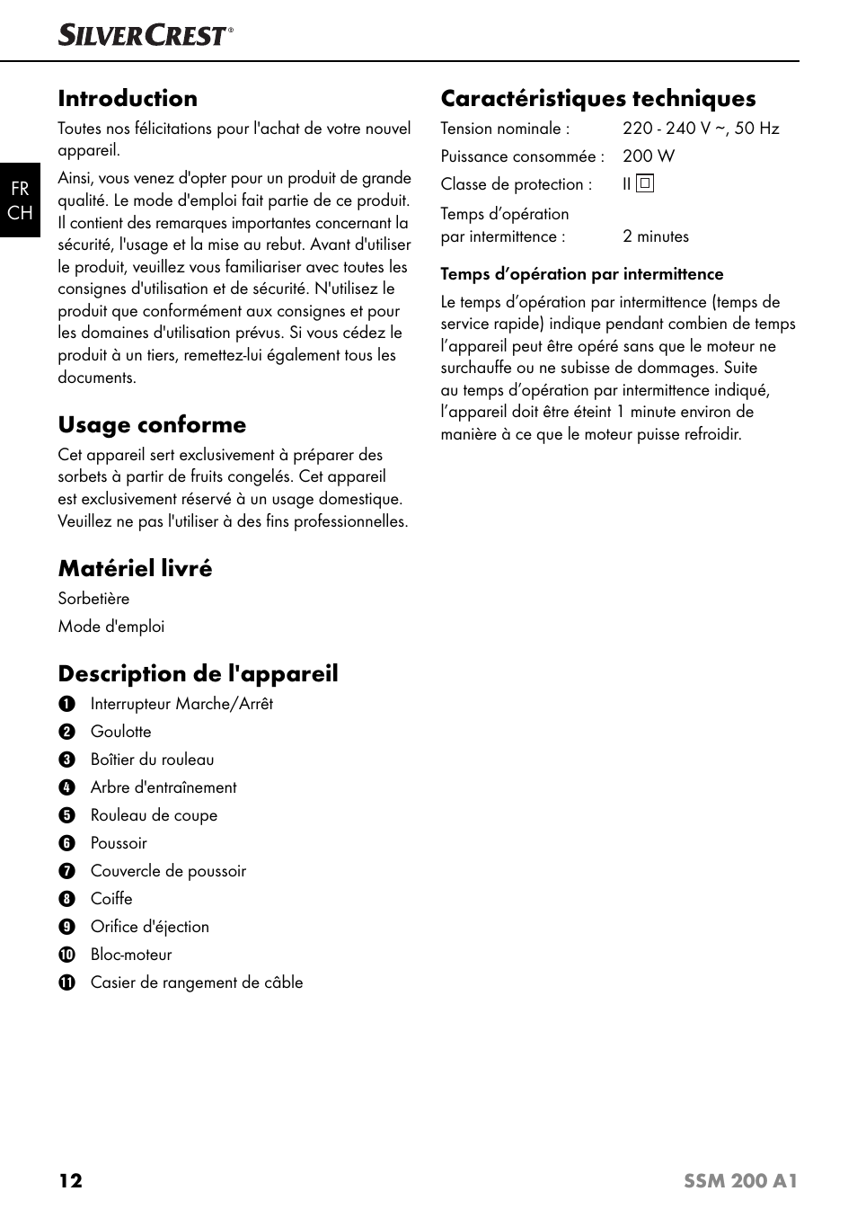 Introduction, Usage conforme, Matériel livré | Description de l'appareil, Caractéristiques techniques | Silvercrest SSM 200 A1 User Manual | Page 15 / 44