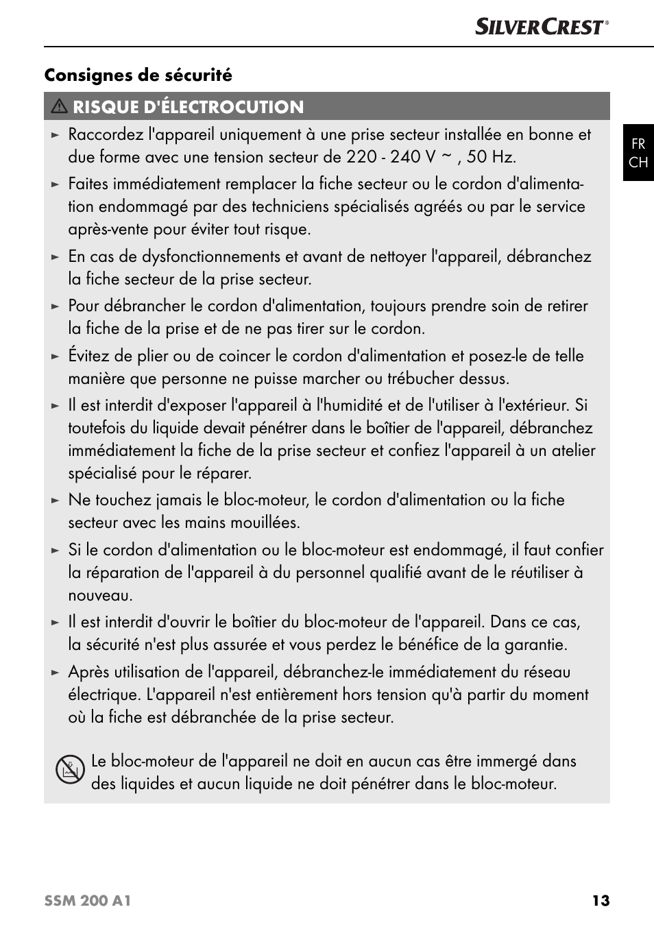Consignes de sécurité risque d'électrocution | Silvercrest SSM 200 A1 User Manual | Page 16 / 44