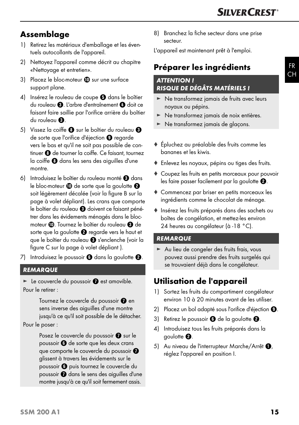 Assemblage, Préparer les ingrédients, Utilisation de l'appareil | Silvercrest SSM 200 A1 User Manual | Page 18 / 44