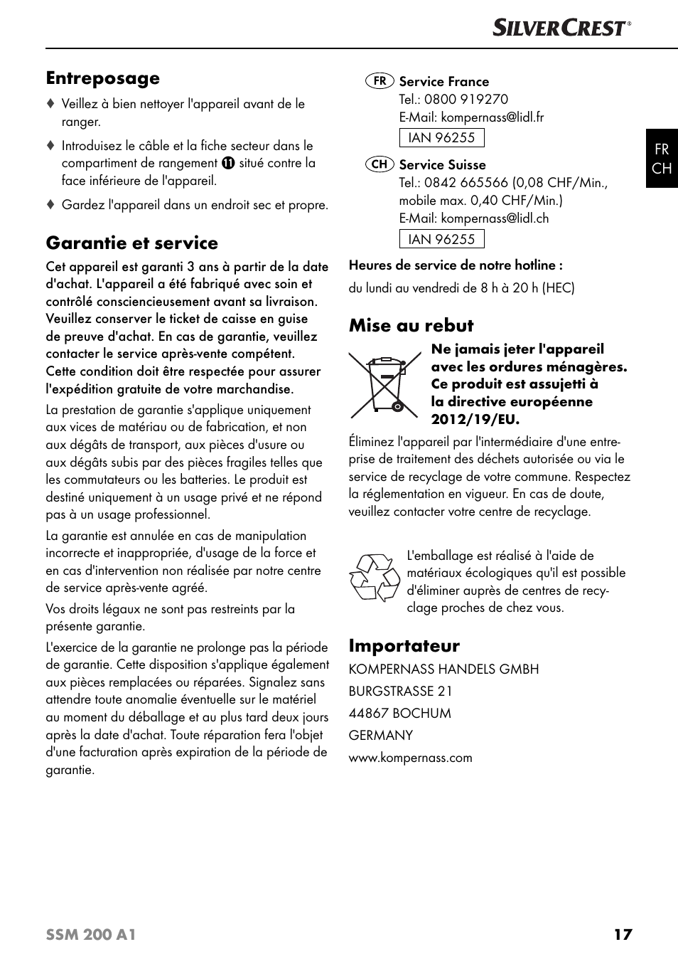 Entreposage, Garantie et service, Mise au rebut | Importateur | Silvercrest SSM 200 A1 User Manual | Page 20 / 44
