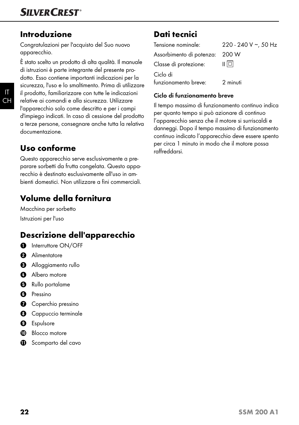 Introduzione, Uso conforme, Volume della fornitura | Descrizione dell'apparecchio, Dati tecnici | Silvercrest SSM 200 A1 User Manual | Page 25 / 44