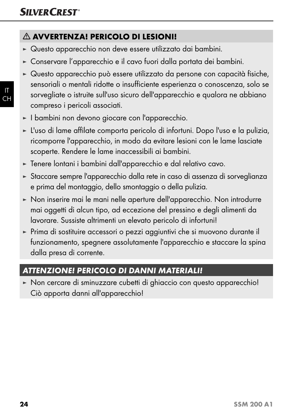 Avvertenza! pericolo di lesioni, I bambini non devono giocare con l'apparecchio | Silvercrest SSM 200 A1 User Manual | Page 27 / 44