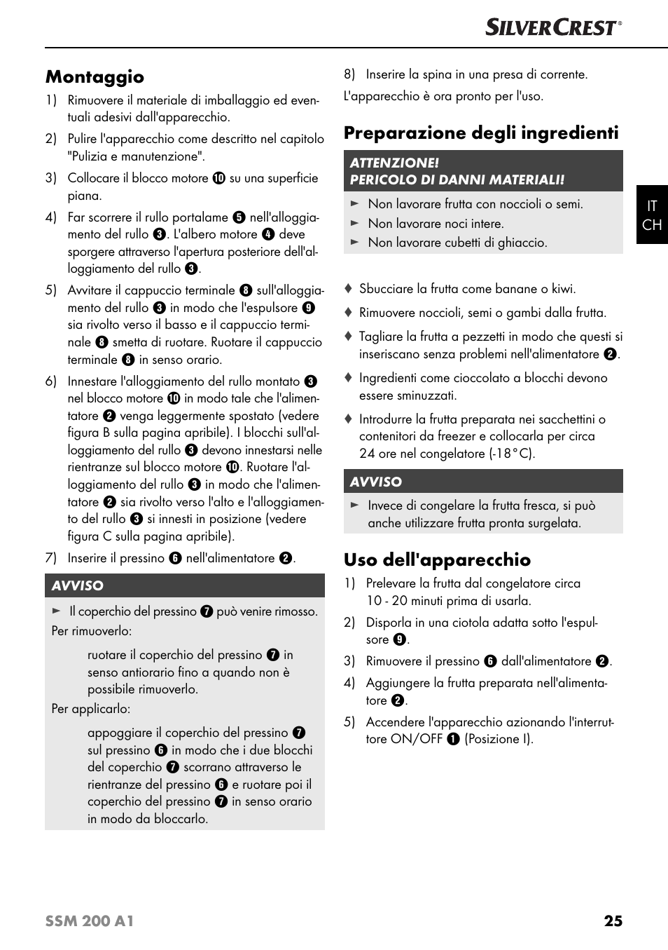 Montaggio, Preparazione degli ingredienti, Uso dell'apparecchio | Silvercrest SSM 200 A1 User Manual | Page 28 / 44