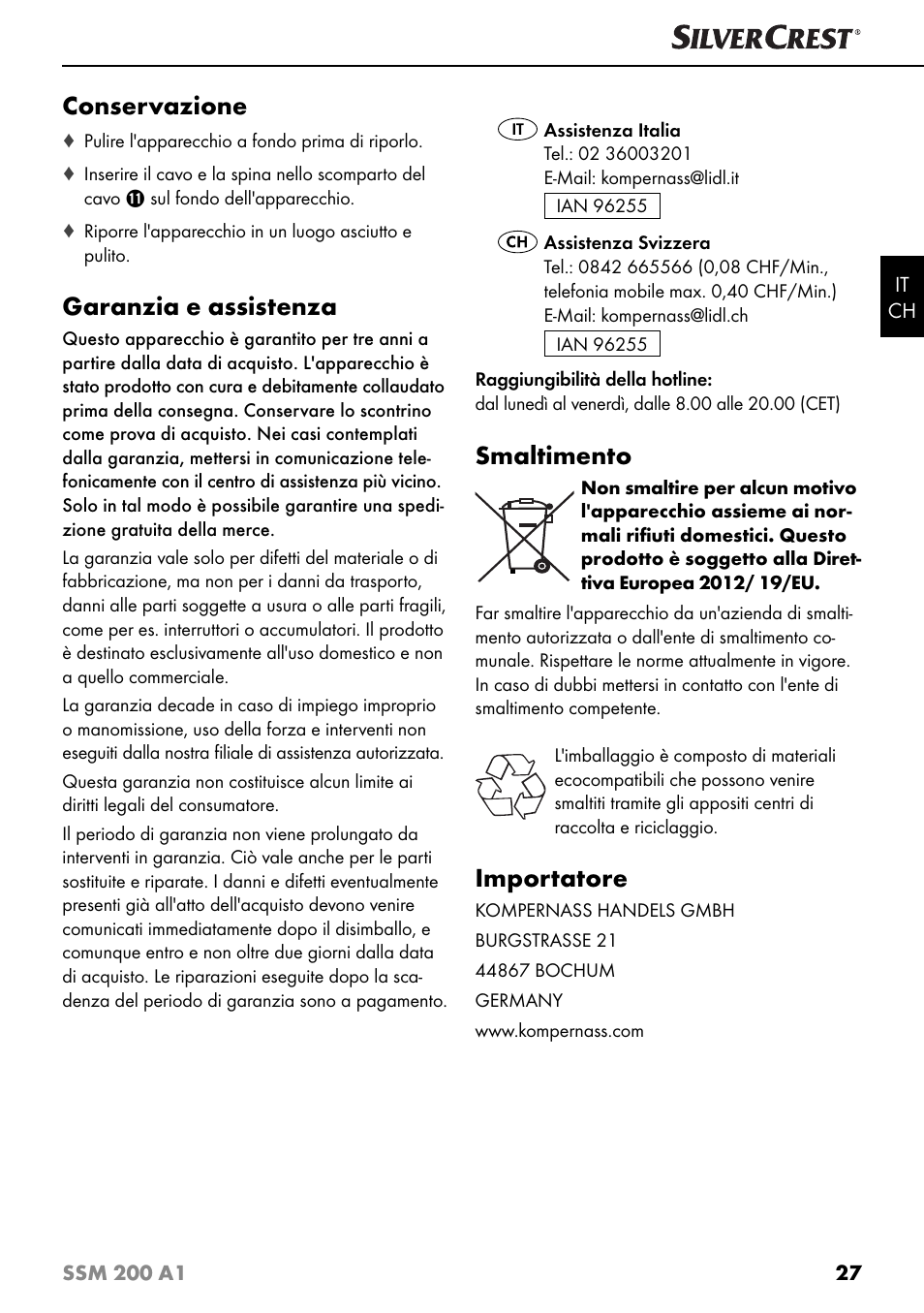 Conservazione, Garanzia e assistenza, Smaltimento | Importatore | Silvercrest SSM 200 A1 User Manual | Page 30 / 44