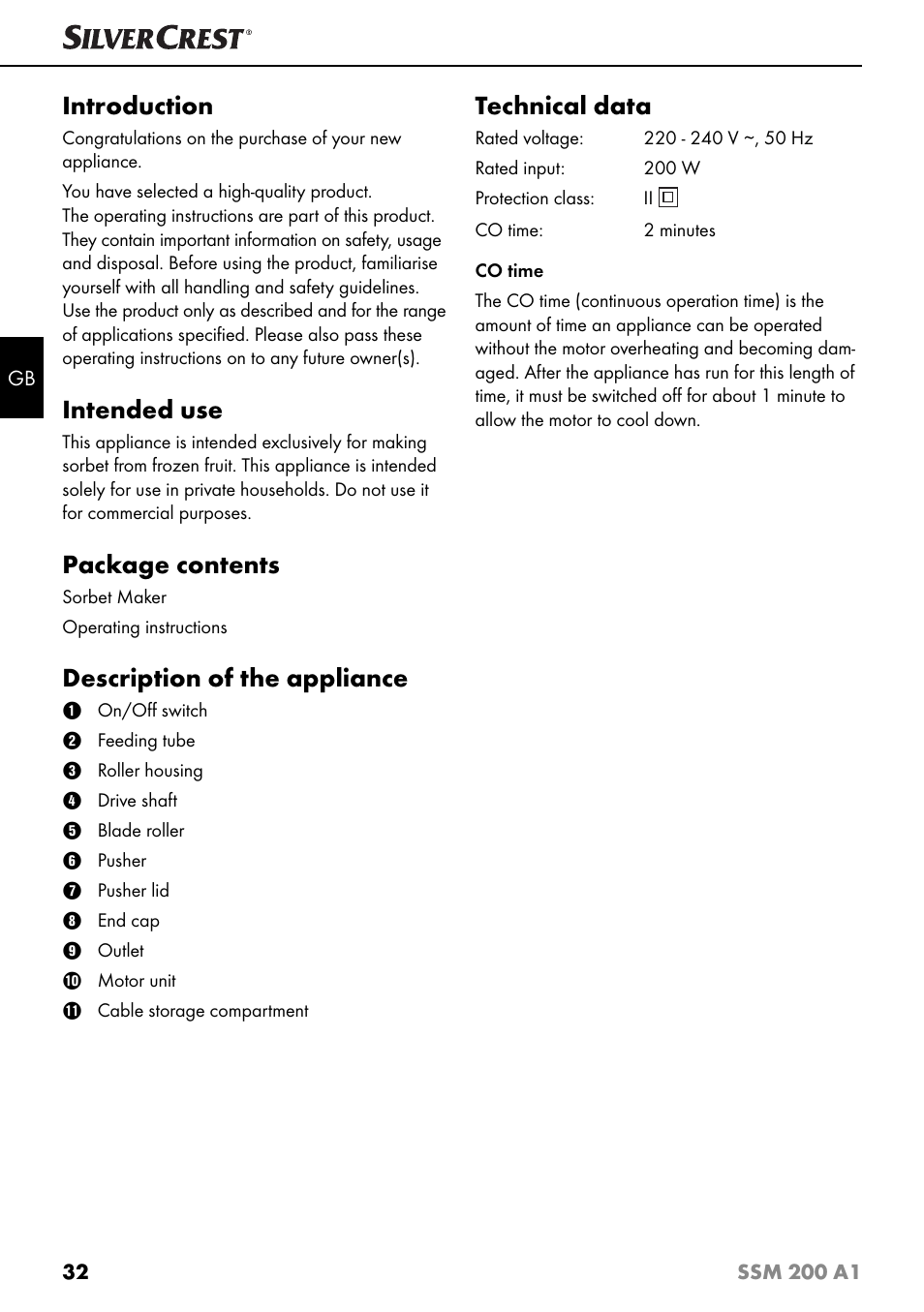 Introduction, Intended use, Package contents | Description of the appliance, Technical data | Silvercrest SSM 200 A1 User Manual | Page 35 / 44