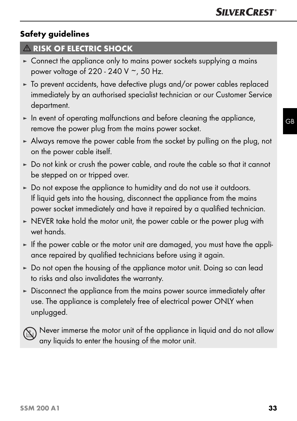 Safety guidelines risk of electric shock | Silvercrest SSM 200 A1 User Manual | Page 36 / 44