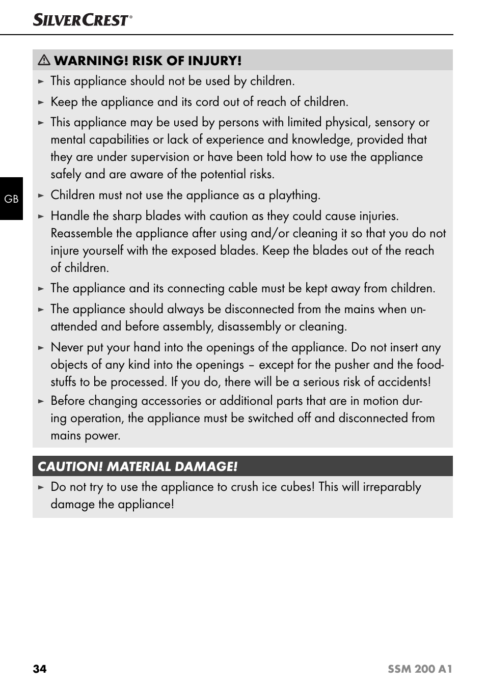 Warning! risk of injury, This appliance should not be used by children, Children must not use the appliance as a plaything | Silvercrest SSM 200 A1 User Manual | Page 37 / 44