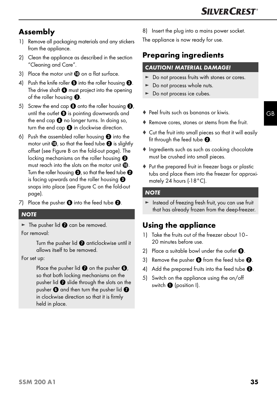 Assembly, Preparing ingredients, Using the appliance | Silvercrest SSM 200 A1 User Manual | Page 38 / 44