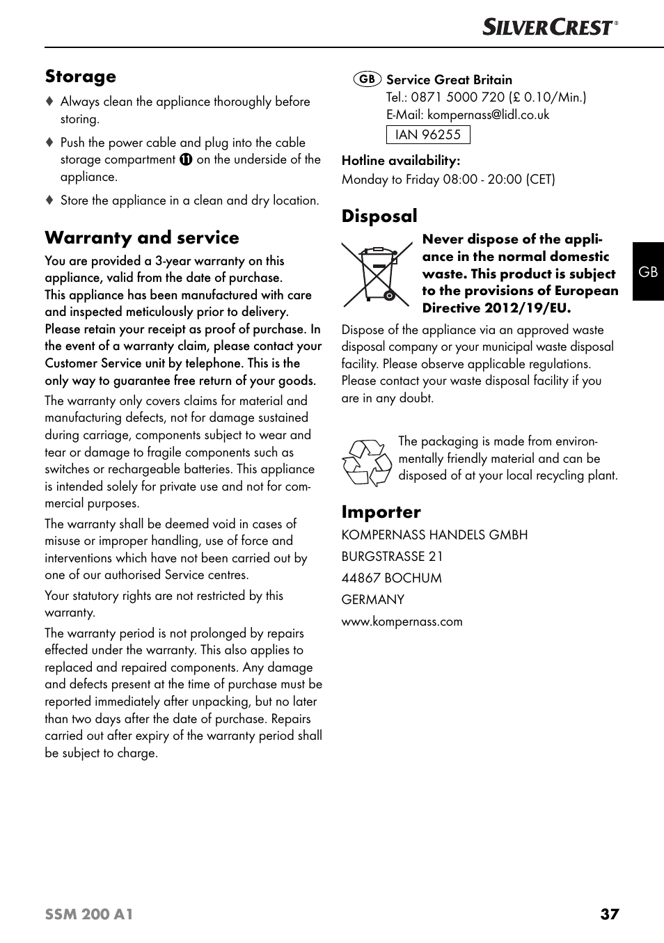 Storage, Warranty and service, Disposal | Importer | Silvercrest SSM 200 A1 User Manual | Page 40 / 44
