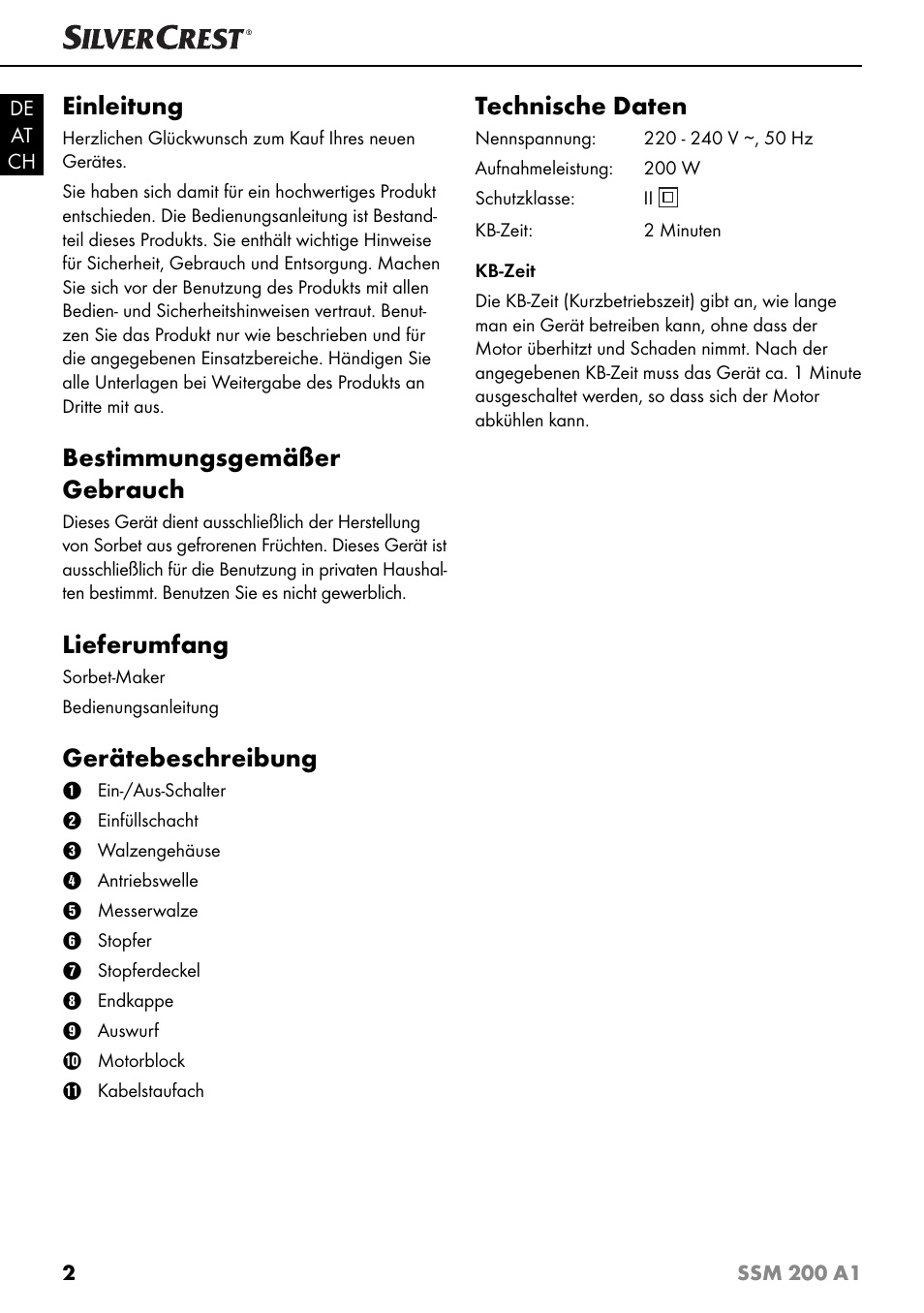 Einleitung, Bestimmungsgemäßer gebrauch, Lieferumfang | Gerätebeschreibung, Technische daten | Silvercrest SSM 200 A1 User Manual | Page 5 / 44