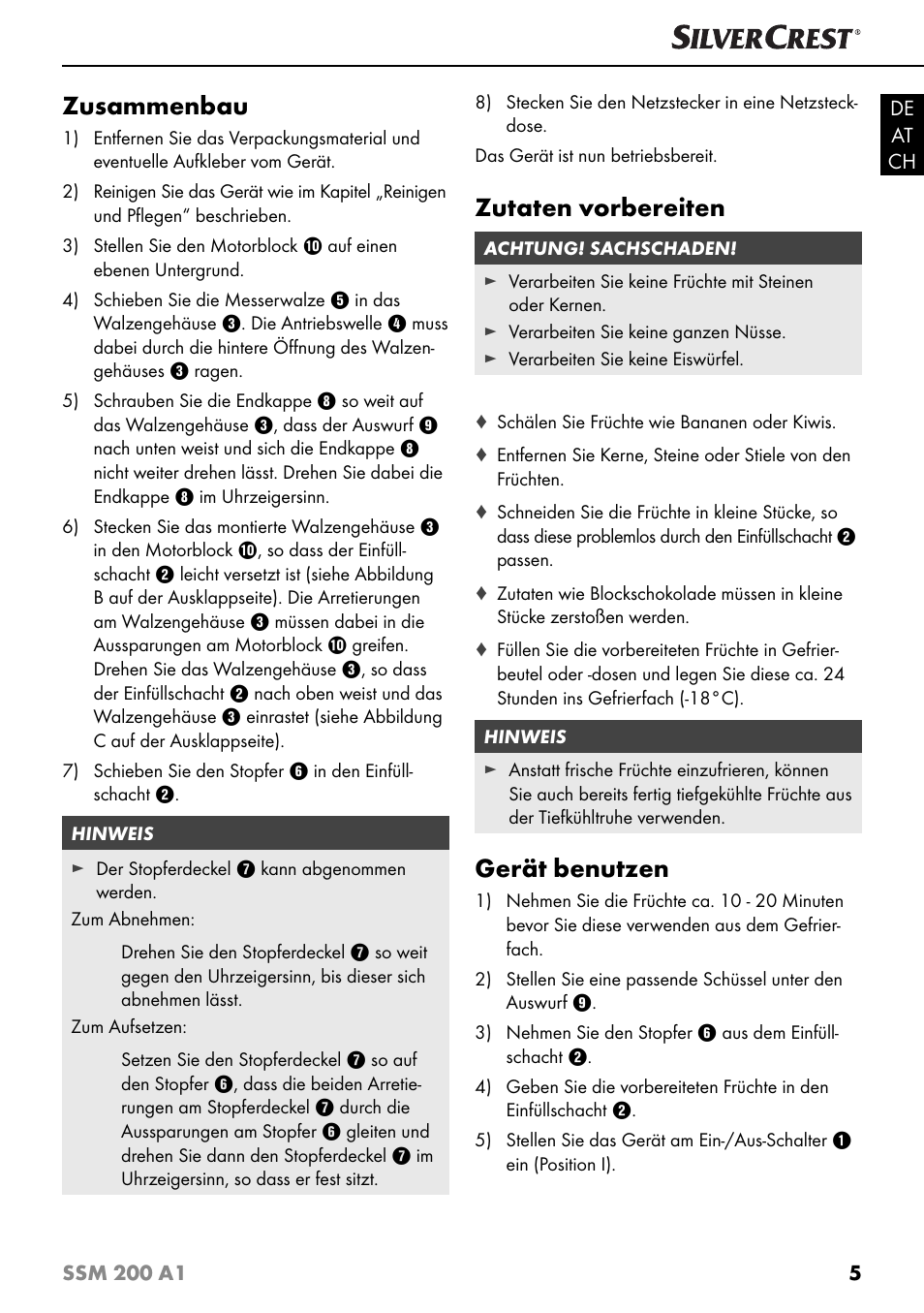 Zusammenbau, Zutaten vorbereiten, Gerät benutzen | Silvercrest SSM 200 A1 User Manual | Page 8 / 44
