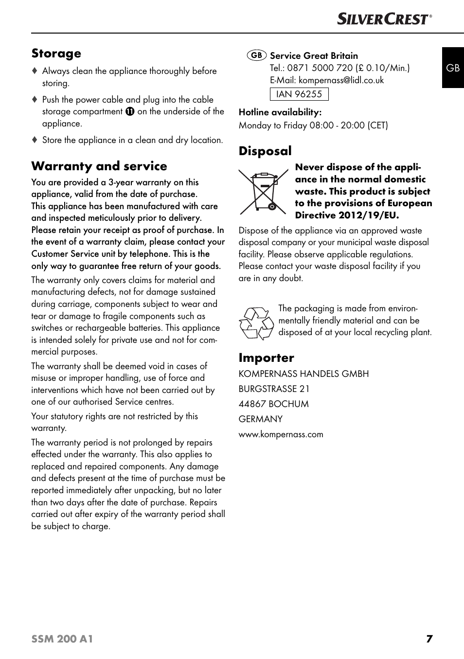 Storage, Warranty and service, Disposal | Importer | Silvercrest SSM 200 A1 User Manual | Page 10 / 64