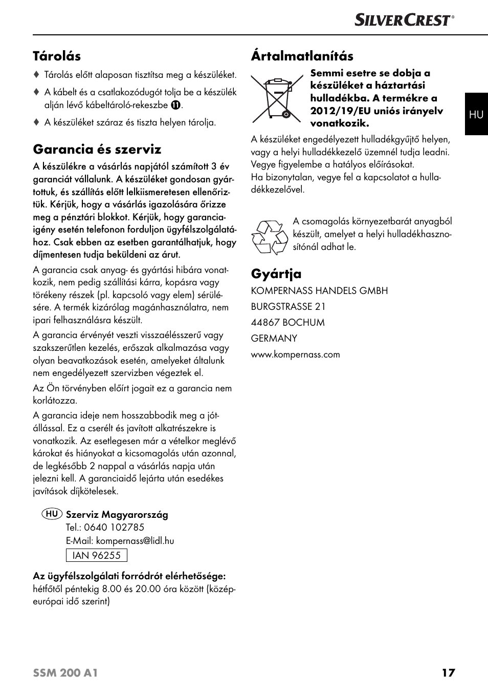 Tárolás, Garancia és szerviz, Ártalmatlanítás | Gyártja | Silvercrest SSM 200 A1 User Manual | Page 20 / 64