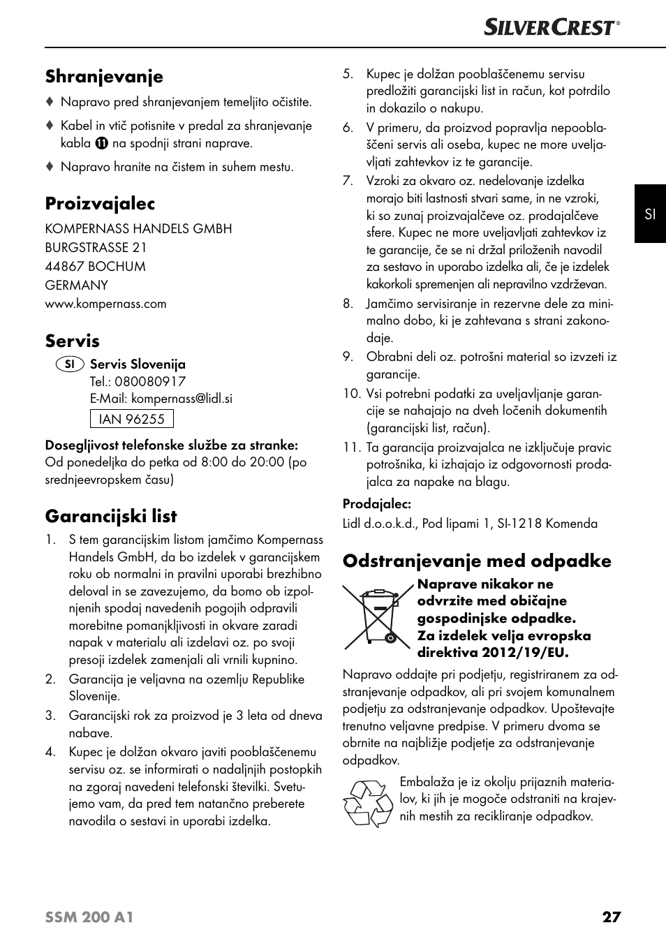 Shranjevanje, Proizvajalec, Servis | Garancijski list, Odstranjevanje med odpadke | Silvercrest SSM 200 A1 User Manual | Page 30 / 64