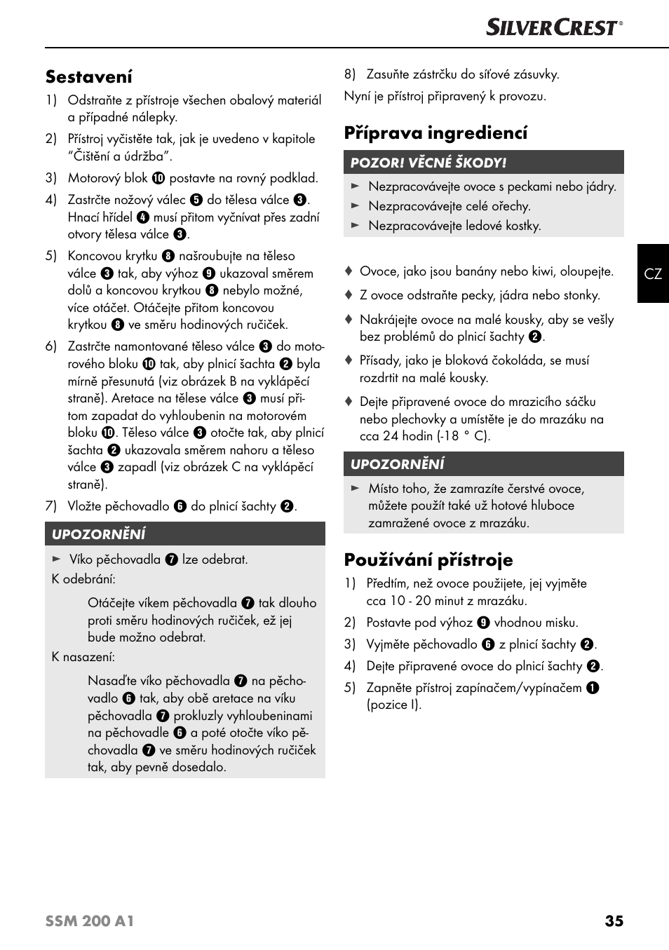 Sestavení, Příprava ingrediencí, Používání přístroje | Silvercrest SSM 200 A1 User Manual | Page 38 / 64
