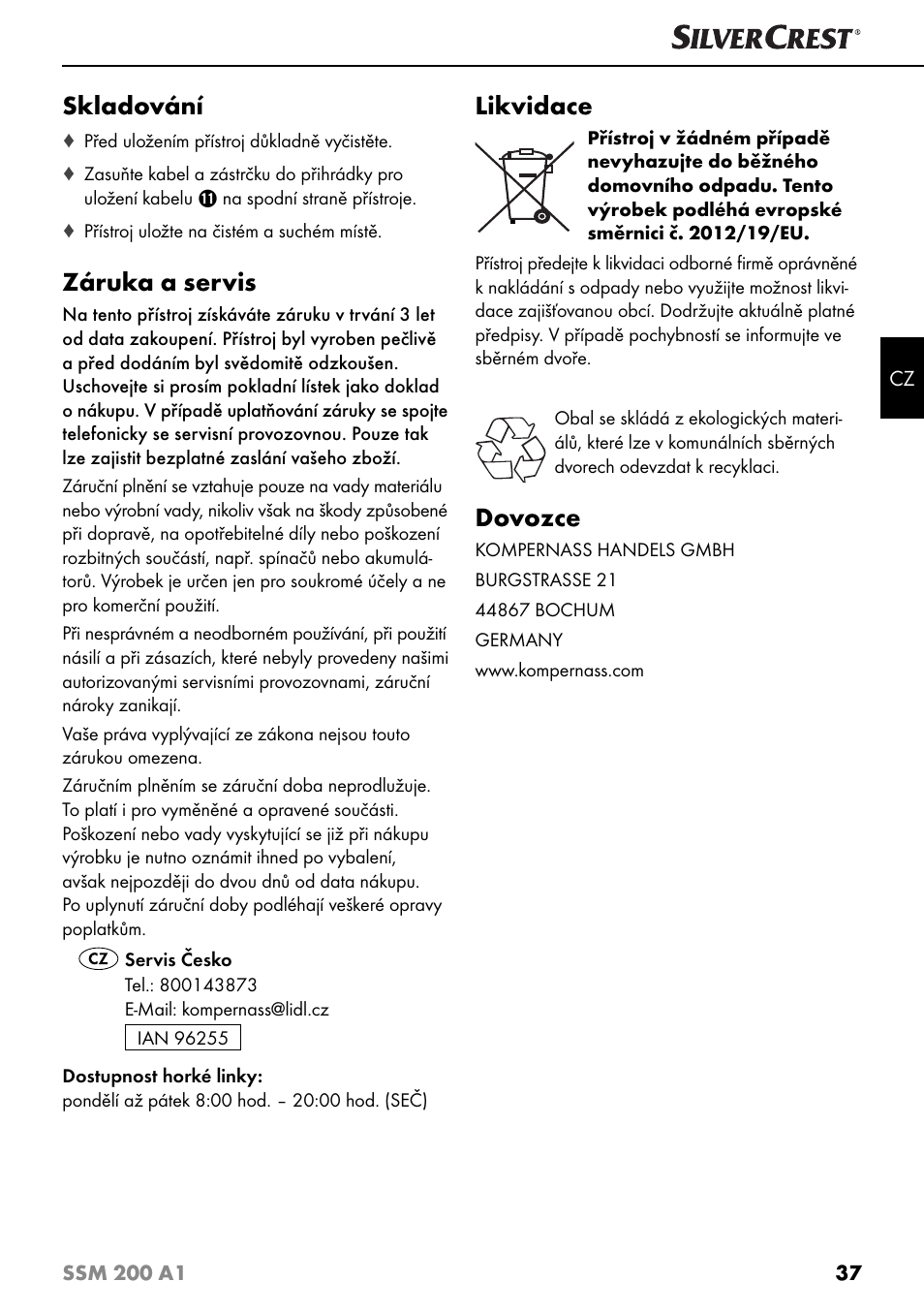 Skladování, Záruka a servis, Likvidace | Dovozce | Silvercrest SSM 200 A1 User Manual | Page 40 / 64