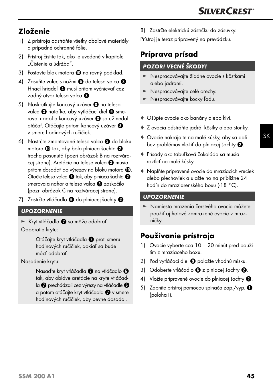 Zloženie, Príprava prísad, Používanie prístroja | Silvercrest SSM 200 A1 User Manual | Page 48 / 64