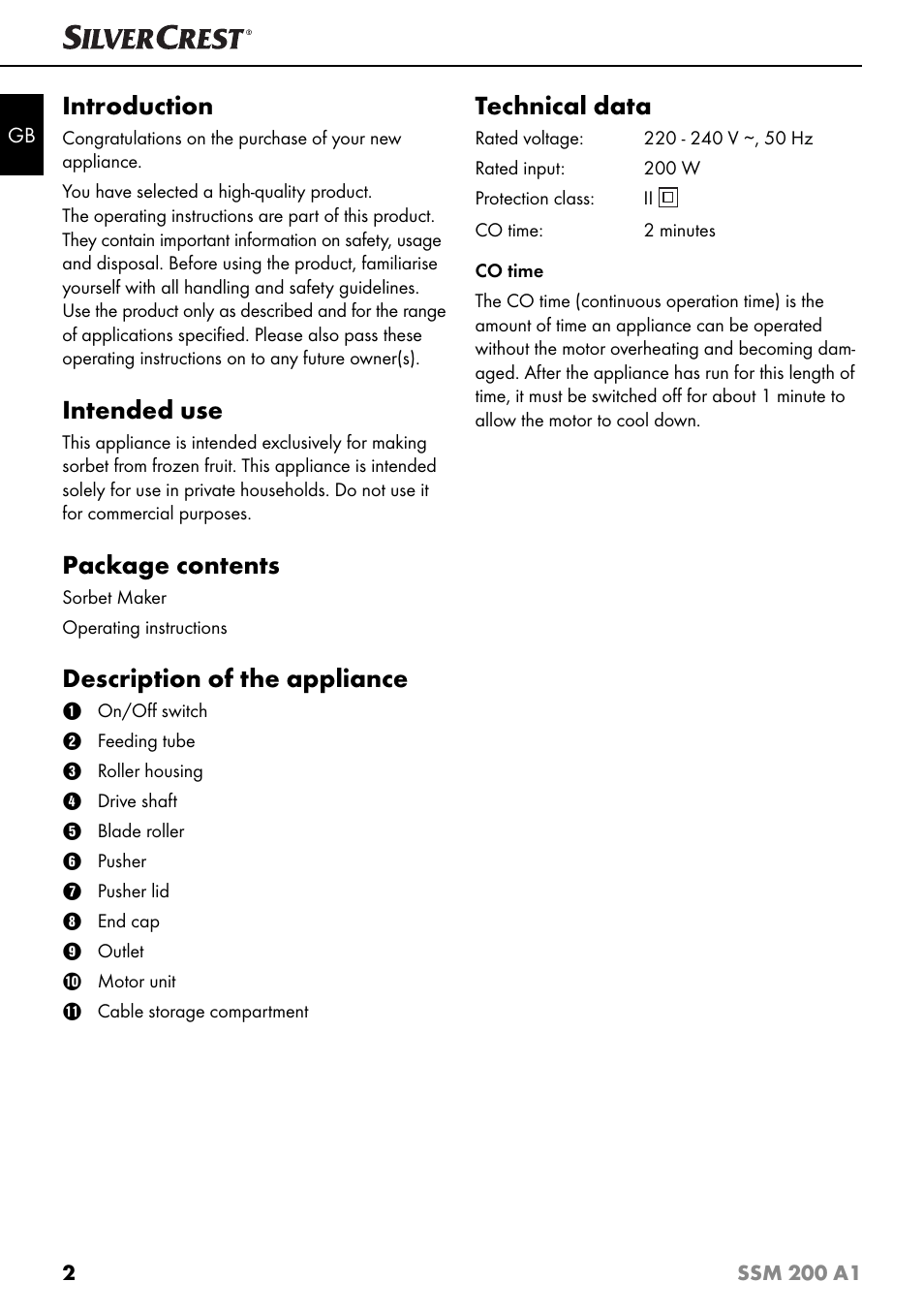 Introduction, Intended use, Package contents | Description of the appliance, Technical data | Silvercrest SSM 200 A1 User Manual | Page 5 / 64