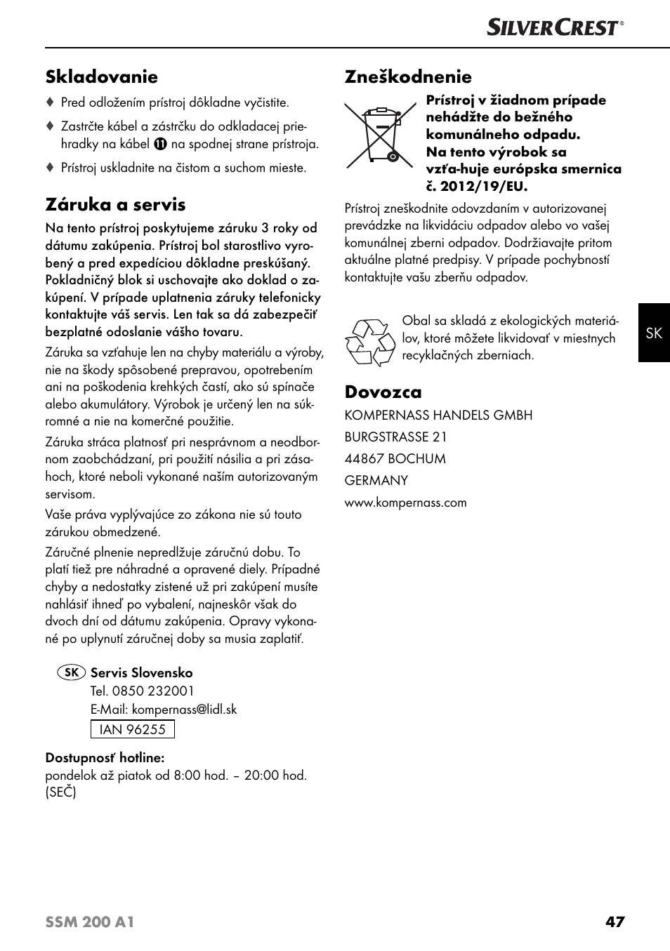 Skladovanie, Záruka a servis, Zneškodnenie | Dovozca | Silvercrest SSM 200 A1 User Manual | Page 50 / 64
