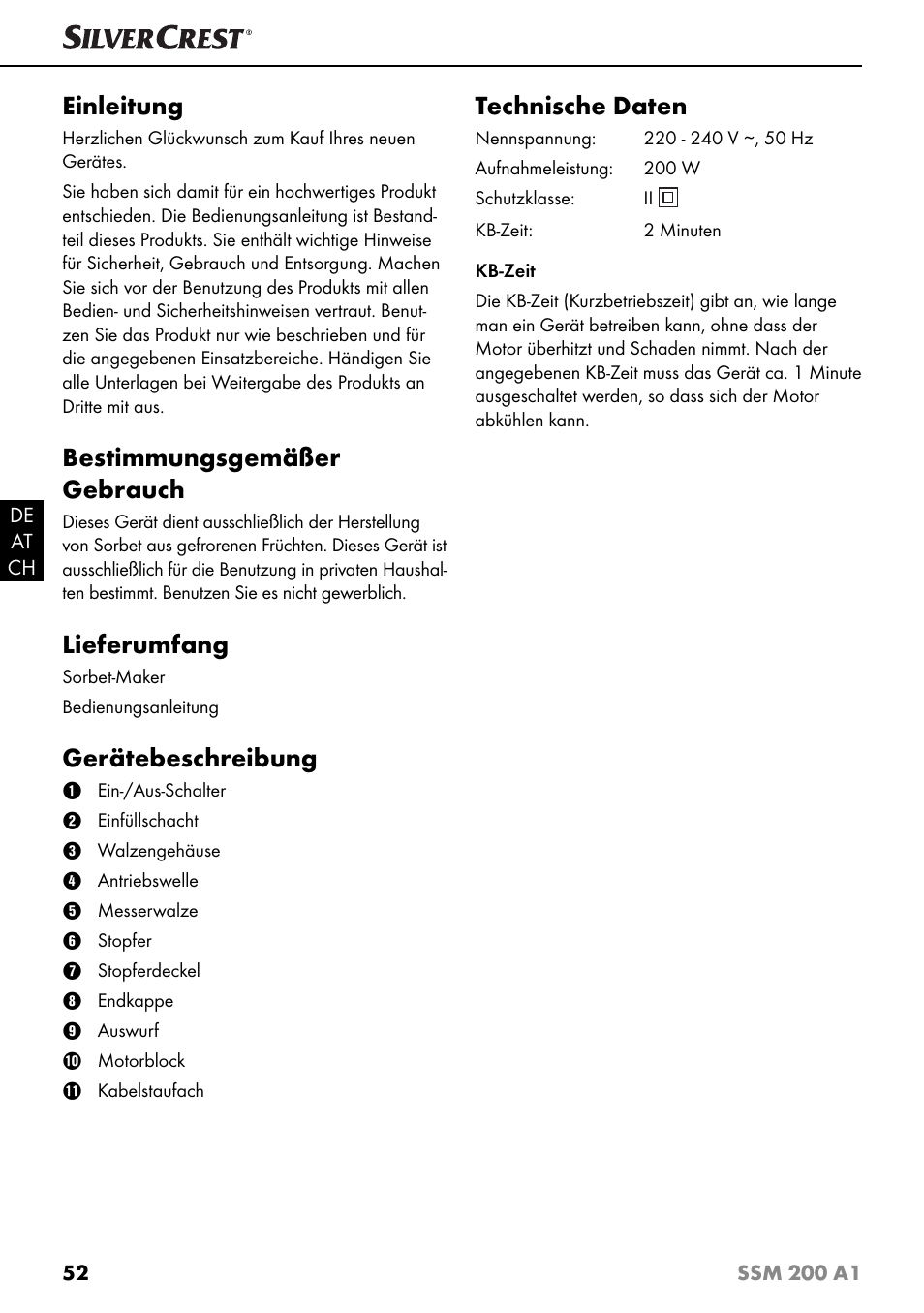 Einleitung, Bestimmungsgemäßer gebrauch, Lieferumfang | Gerätebeschreibung, Technische daten | Silvercrest SSM 200 A1 User Manual | Page 55 / 64