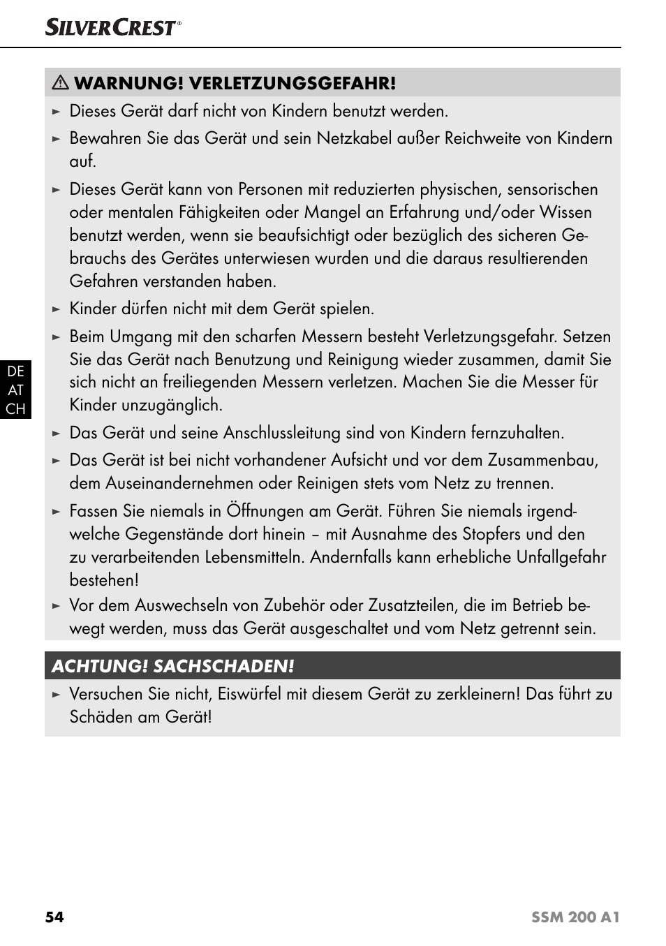 Warnung! verletzungsgefahr, Dieses gerät darf nicht von kindern benutzt werden, Kinder dürfen nicht mit dem gerät spielen | Silvercrest SSM 200 A1 User Manual | Page 57 / 64