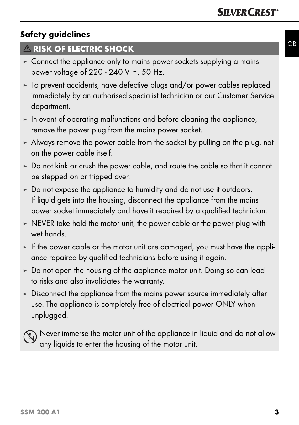 Safety guidelines risk of electric shock | Silvercrest SSM 200 A1 User Manual | Page 6 / 64