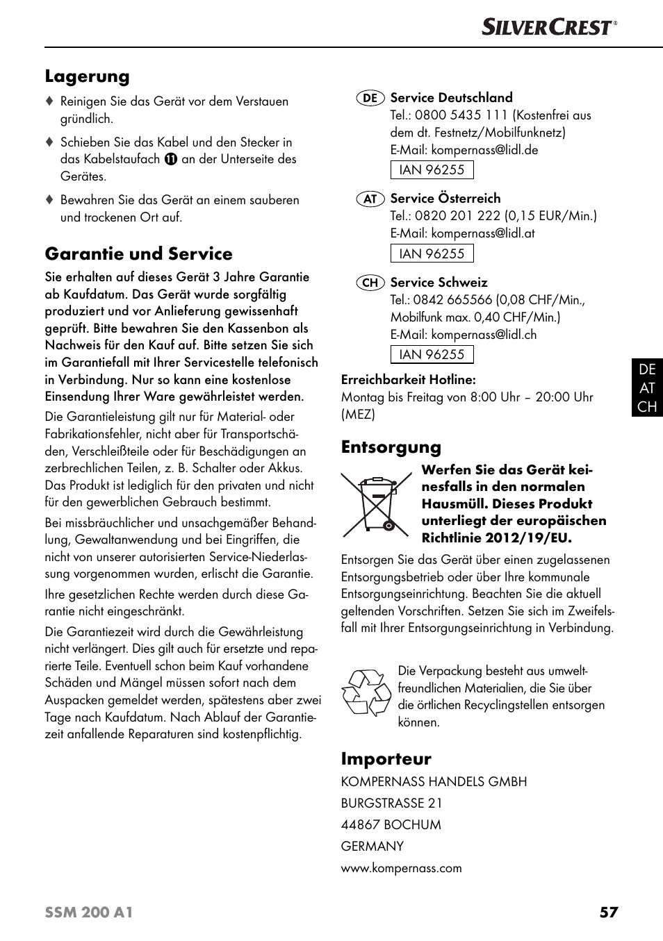 Lagerung, Garantie und service, Entsorgung | Importeur | Silvercrest SSM 200 A1 User Manual | Page 60 / 64