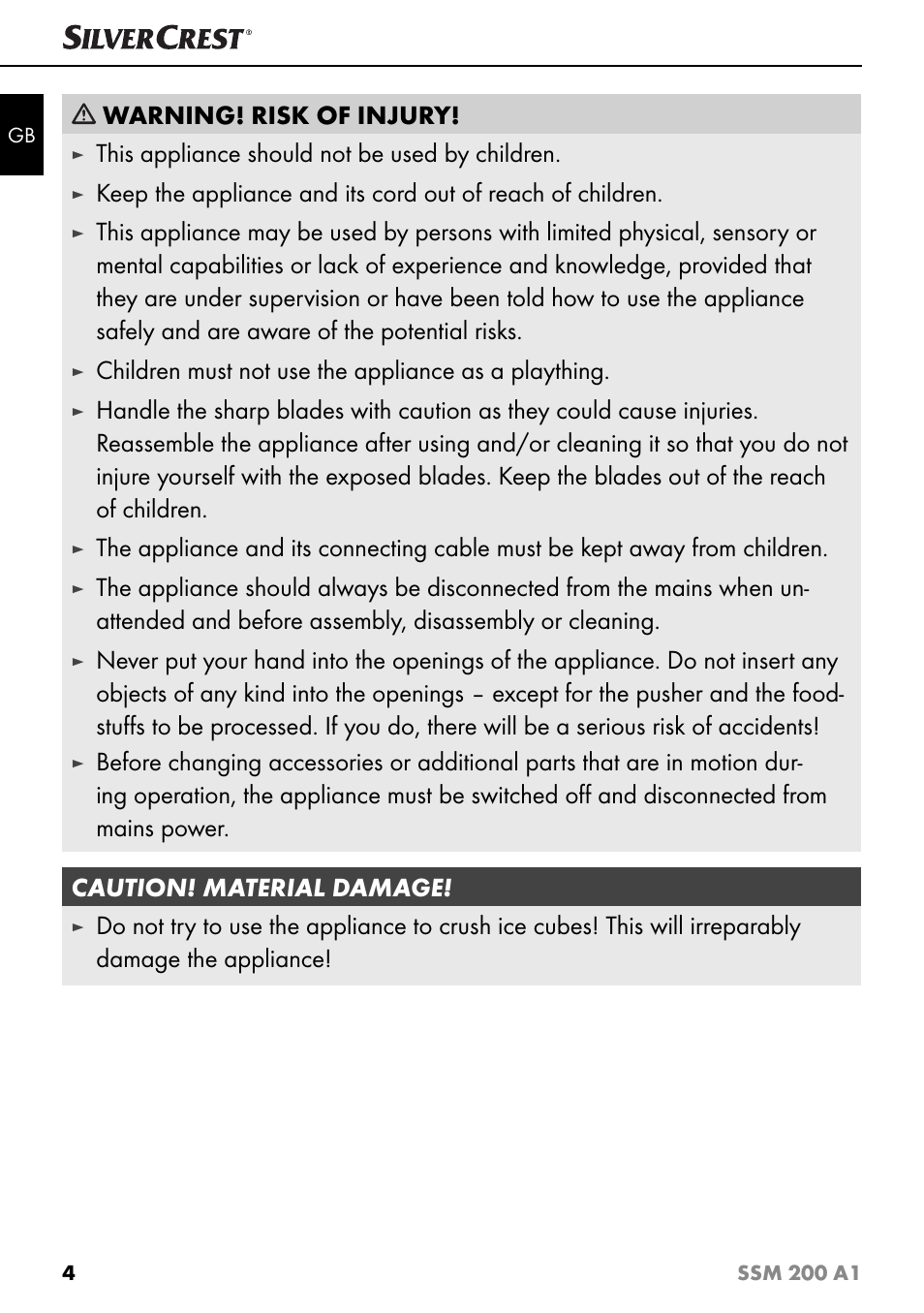 Warning! risk of injury, This appliance should not be used by children, Children must not use the appliance as a plaything | Silvercrest SSM 200 A1 User Manual | Page 7 / 64
