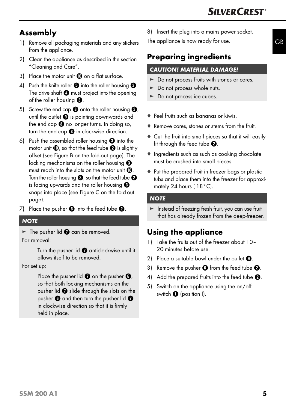 Assembly, Preparing ingredients, Using the appliance | Silvercrest SSM 200 A1 User Manual | Page 8 / 64