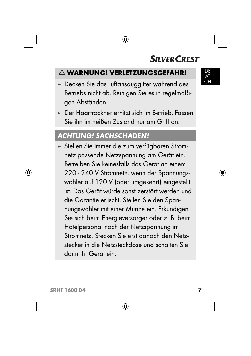 Warnung! verletzungsgefahr | Silvercrest SRHT 1600 D4 User Manual | Page 10 / 59