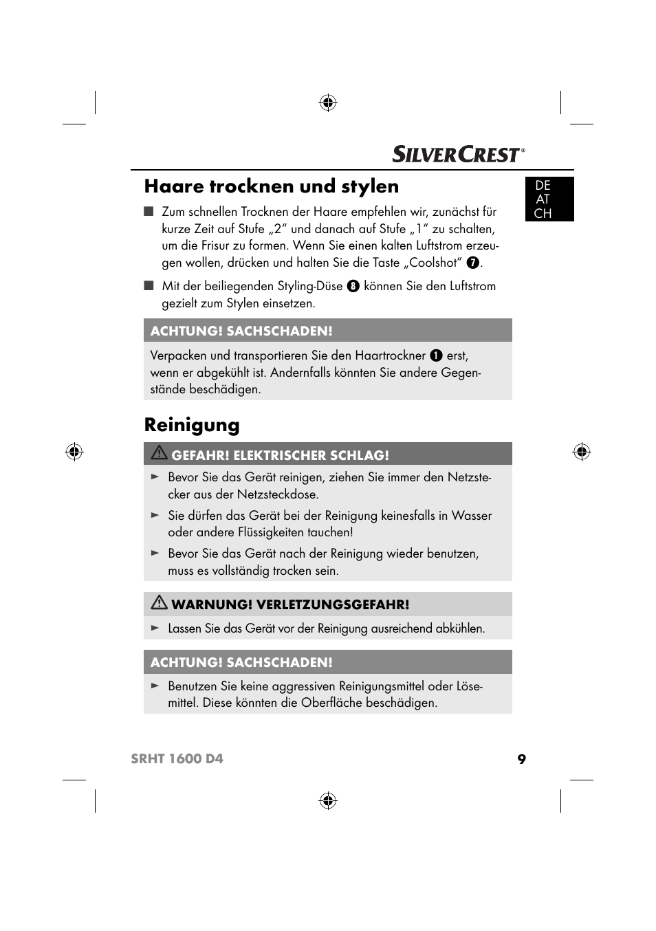 Haare trocknen und stylen, Reinigung | Silvercrest SRHT 1600 D4 User Manual | Page 12 / 59