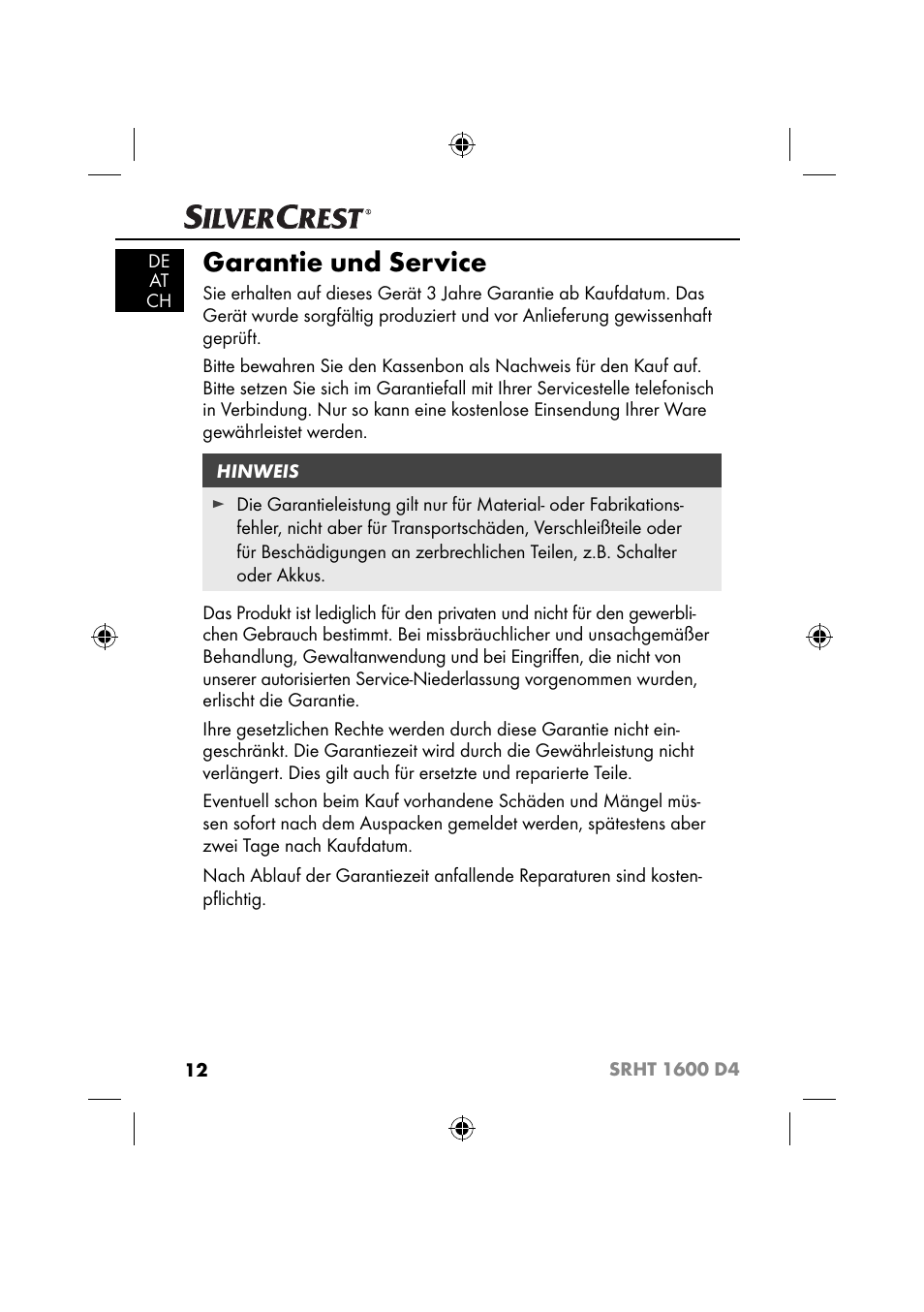 Garantie und service | Silvercrest SRHT 1600 D4 User Manual | Page 15 / 59