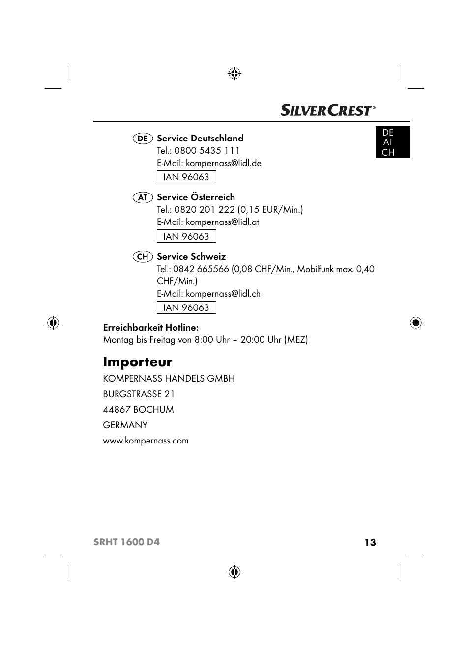 Importeur | Silvercrest SRHT 1600 D4 User Manual | Page 16 / 59